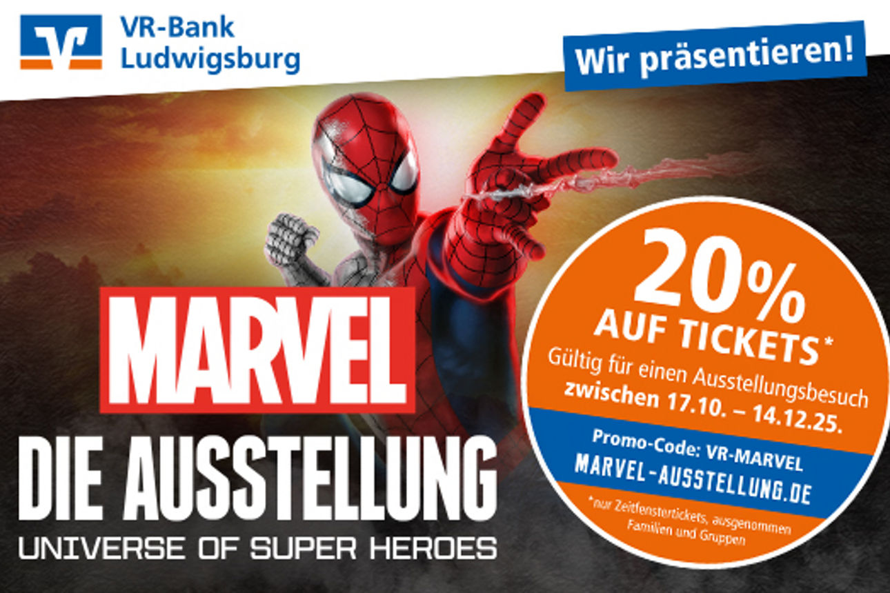 Plakat zur Marvel-Ausstellung in Ludwigsburg mit Superhelden und 20 % Rabatt auf Tickets.