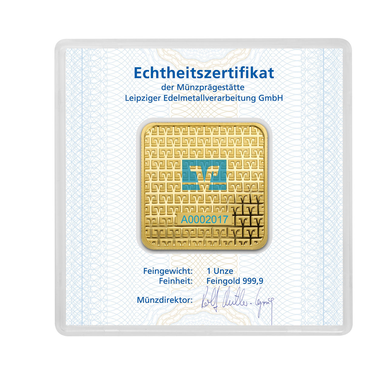 Darstellung einer Unze Feingold mit VR-Logo und einem Echtheitszertifikat