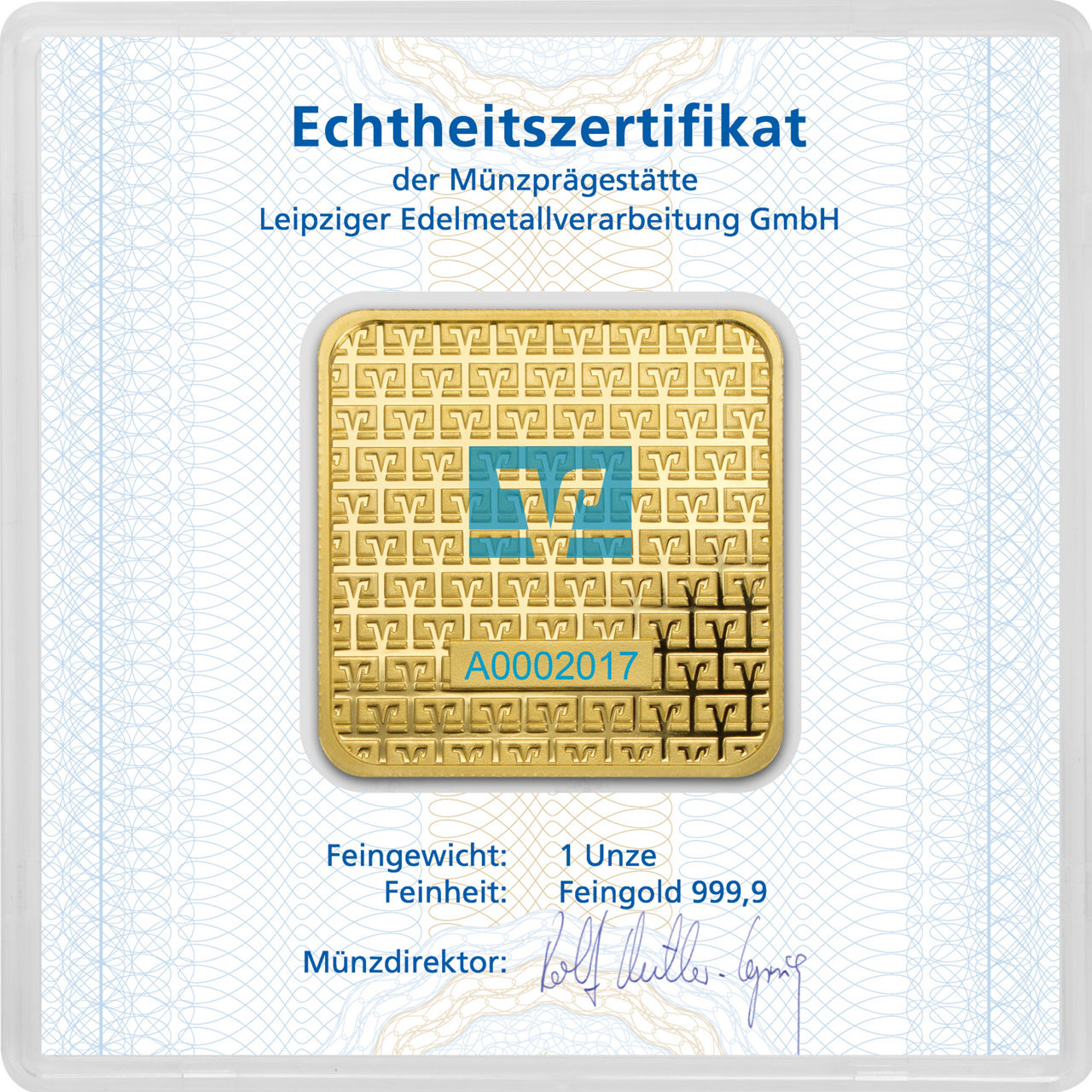 Rückseite 1 Unze Goldbarren mit Logo der Volksbanken Raiffeisenbanken in Kapsel