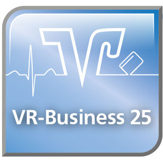 Logo von VR-Business 25: Blaues Icon mit VR-Schriftzug, Herzlinie und einem stilisierten Kartenlesegerät.