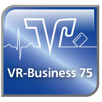 Logo von VR-Business 75: Blaues Icon mit VR-Schriftzug, Herzlinie und einem stilisierten Kartenlesegerät.