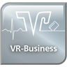 Logo von VR-Business: Silbernes Icon mit VR-Schriftzug, Herzlinie und einem stilisierten Kartenlesegerät.