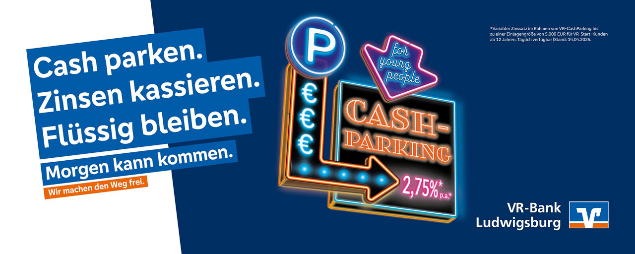 Schild mit Neon-Aufschrift VR-CashParking 