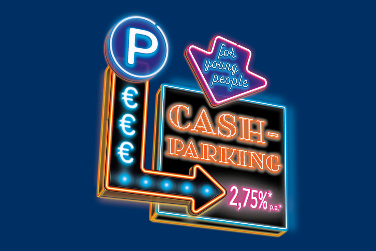 Neon-Schild mit Text „Cash-Parking 2,75 % p.a.*“ und „For young people“, gestaltet wie ein Parkleitsystem mit €-Symbolen.