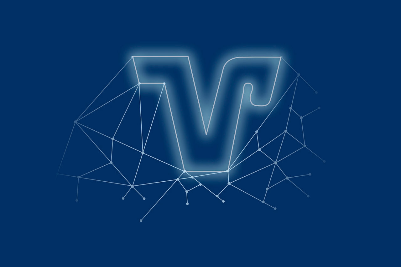Das Bild zeigt das Markenzeichen der Volksbanken Raiffeisenbanken in einem virtuellen Netz