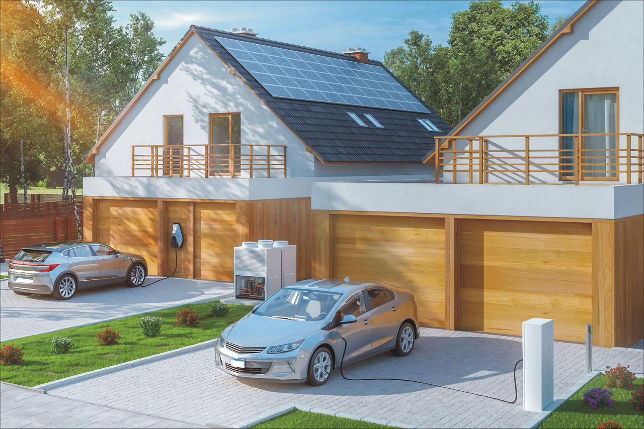 Dies ist ein modernes Haus mit einem Solarpanel auf dem Dach