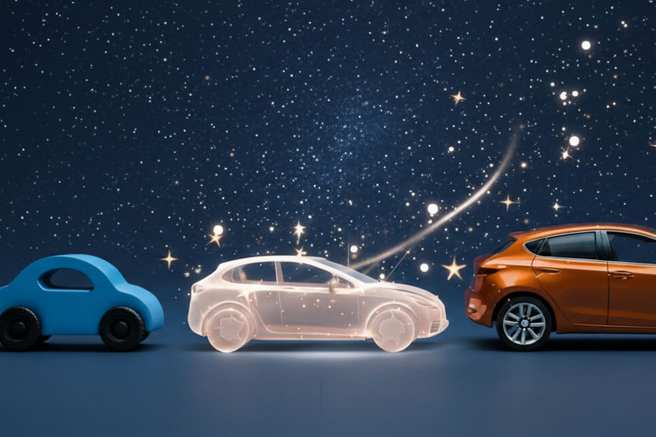 Spielzeugauto, leuchtendes Auto und reales Auto vor Sternenhimmel.