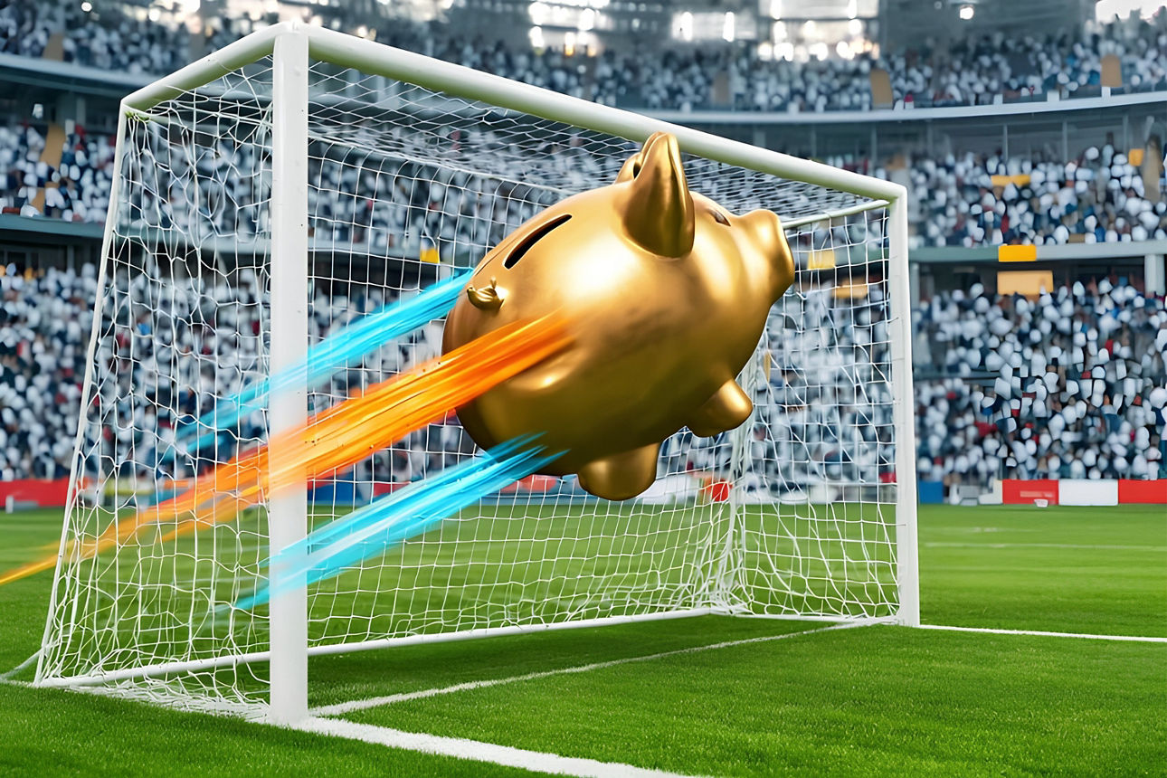 Goldenes Sparschwein fliegt mit blau orangenem Schweif Richtung Fußballtor