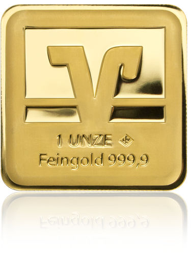 Ein Goldbarren von einer Unze mit dem Logo der Volksbank
