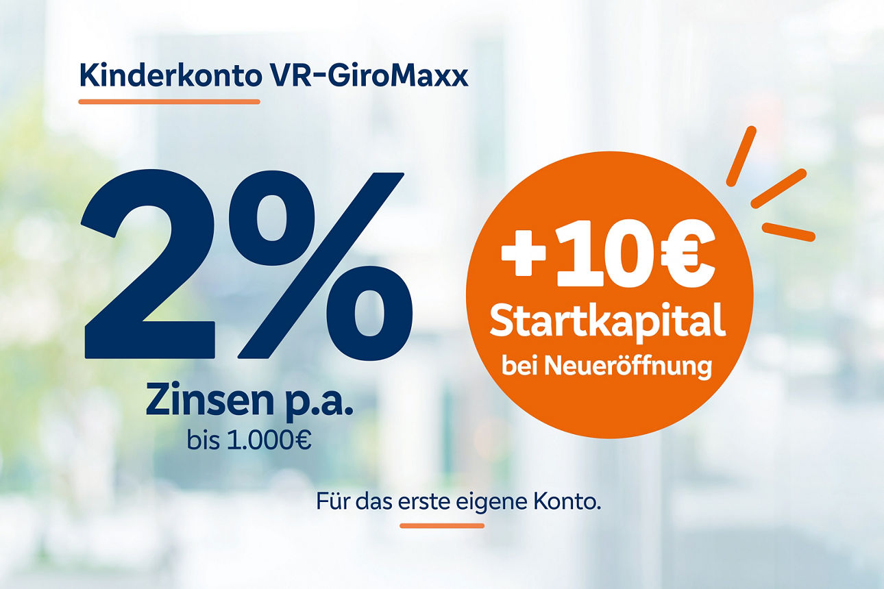 Kostenloses Girokonto bis 17 Jahre, 2 % p.a. Guthabenzins bis 1.000 Euro, 10 € Startguthaben
