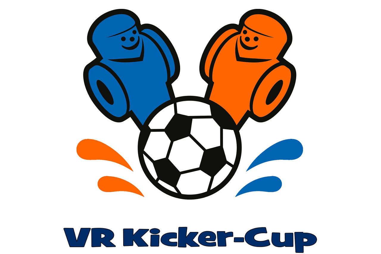 Logo des VR Kicker-Cup mit einem blauen und orangenen Männchen und einem Fußball in der Mitte
