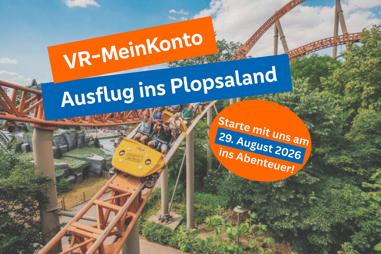 Werbegrafik für VR-MeinKonto: Ausflug ins Plopsaland mit Achterbahn, Aktion am 29.08.2026 in Antwerpen.
