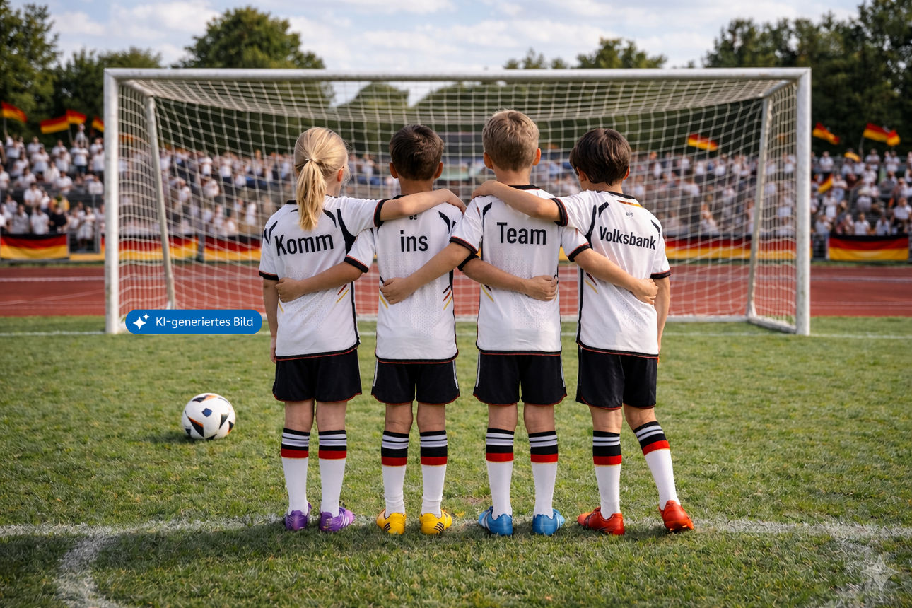 Vier Kinder stehen auf dem Fußballplatz und haben auf den Trikots den Satz "Komm ins Team Volksbank" stehen