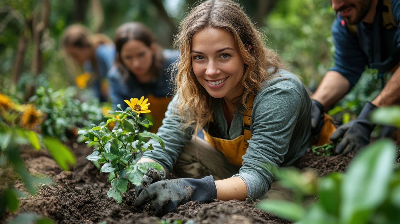 Eine Gruppe von Freiwilligen pflanzt Blumen in einem Gemeinschaftsgarten