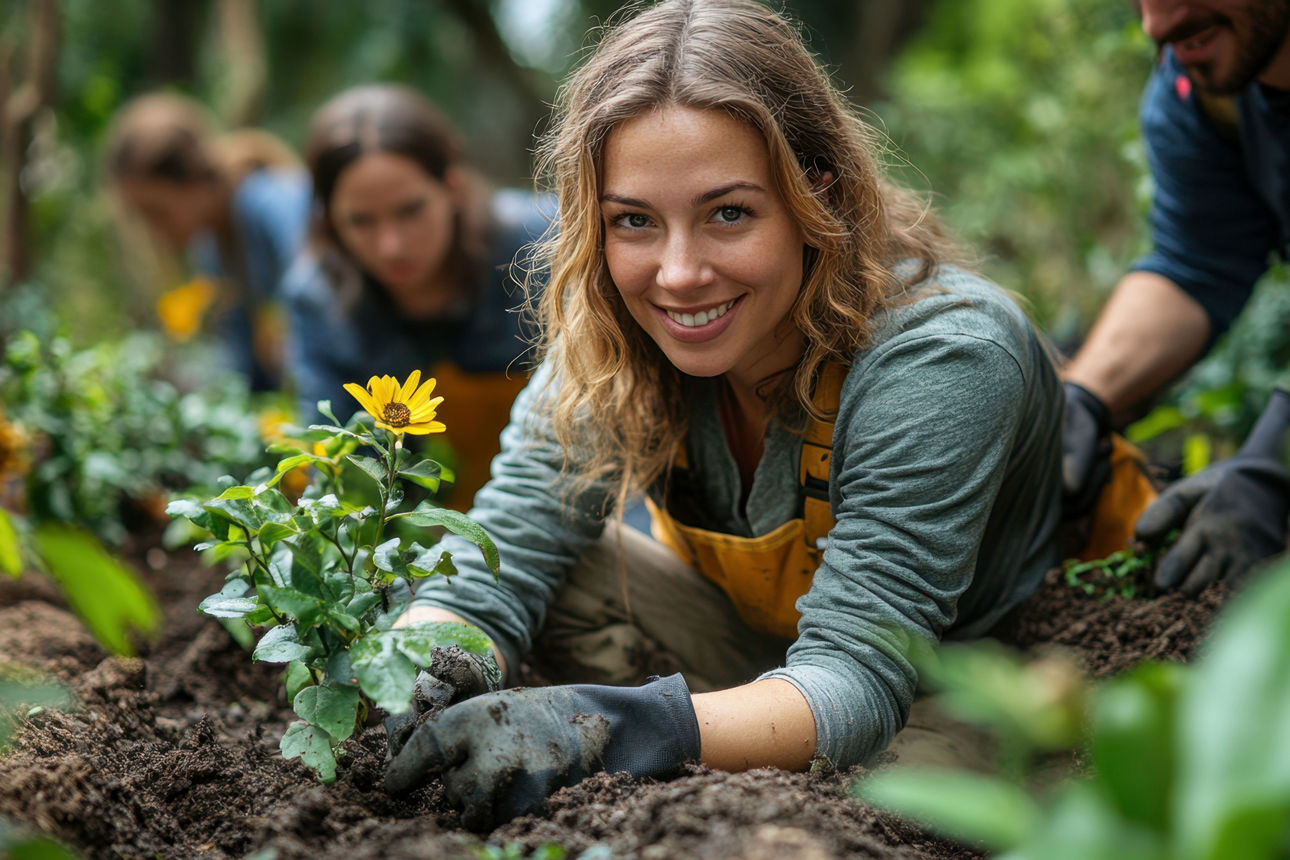 Eine Gruppe von Freiwilligen pflanzt Blumen in einem Gemeinschaftsgarten