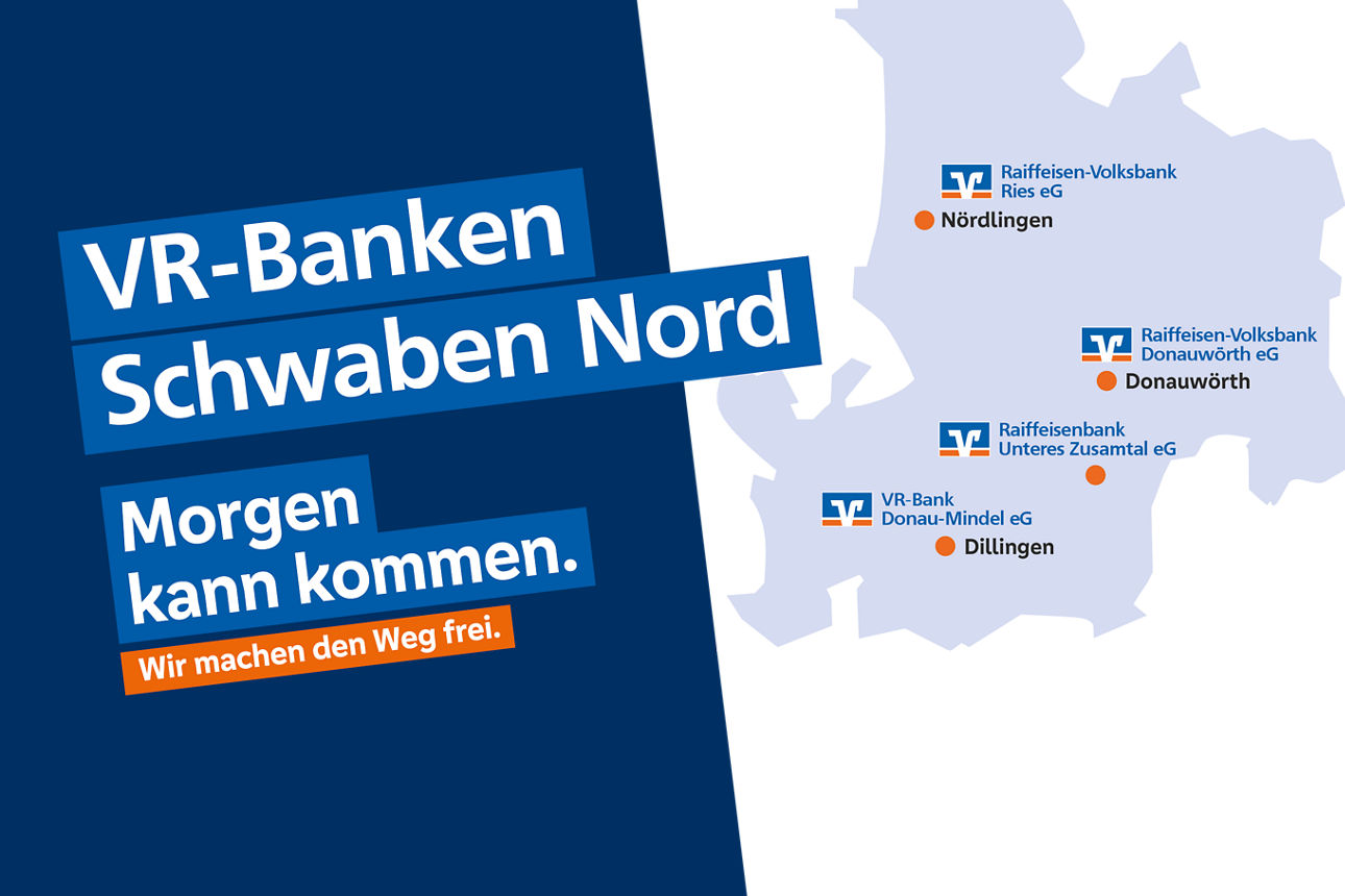 Text "VR-Banken Schwaben Nord" mit Karte vom Geschäftsgebiet