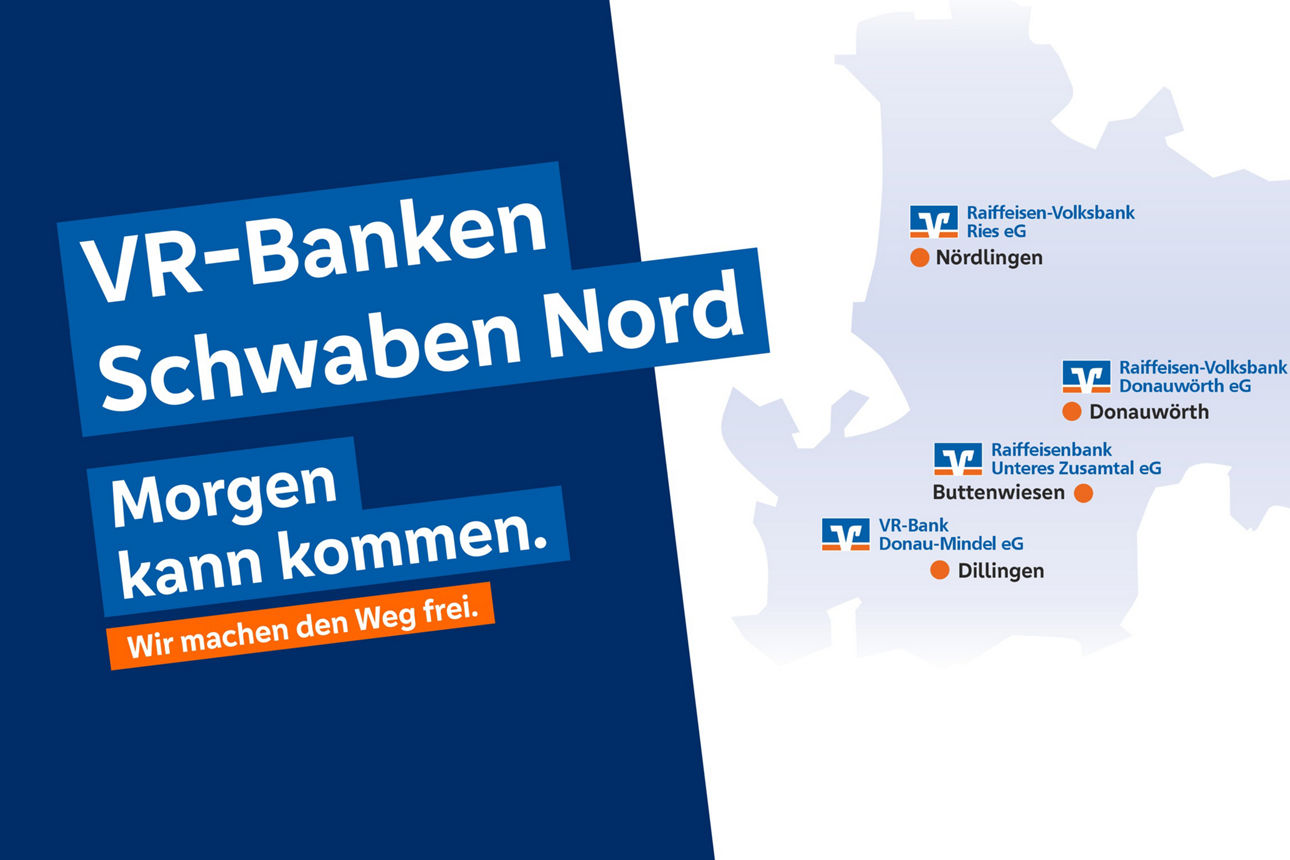 Text "VR-Banken Schwaben Nord" mit Karte vom Geschäftsgebiet