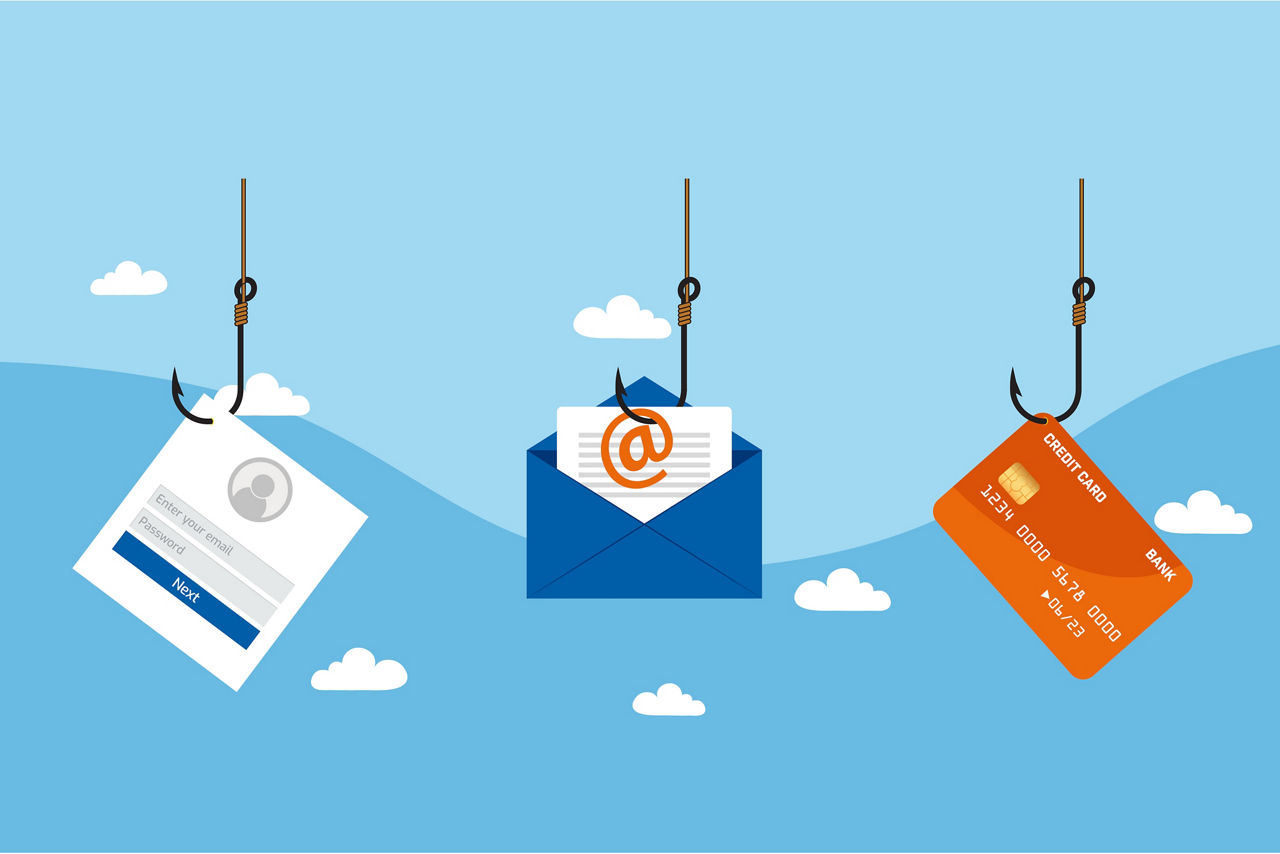 Darstellung einer Login-Seite, einer E-Mail und einer Kreditkarte, die jeweils an einem Angelhaken hängen