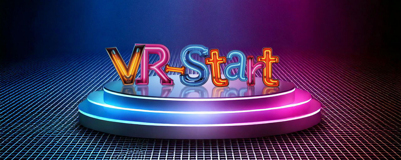 Bunter 3D-Schriftzug „VR-Start“ auf einer leuchtenden, futuristischen Bühne mit neonfarbenem Licht auf dunklem Rasterboden.