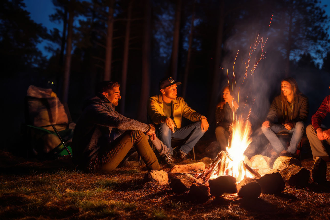 Eine Gruppe junger Menschen sitzt am Lagerfeuer