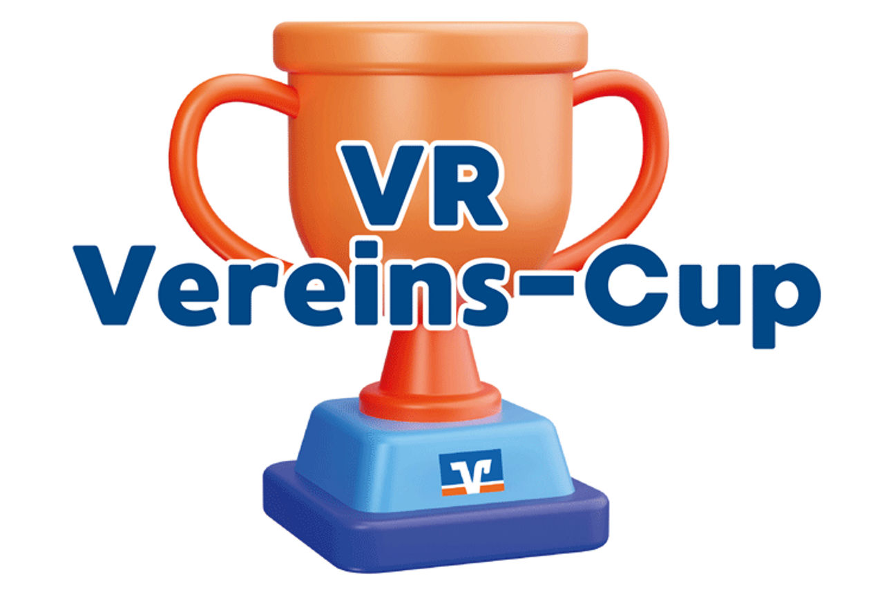 Logo des VR Vereins-Cup mit einem blau-orangenen Pokal