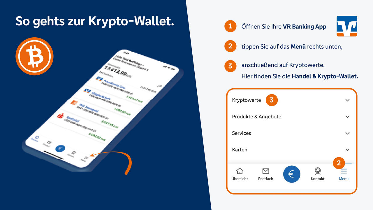Ansicht der VR Banking App an welcher Stelle die Krypto-Wallet zu finden ist.