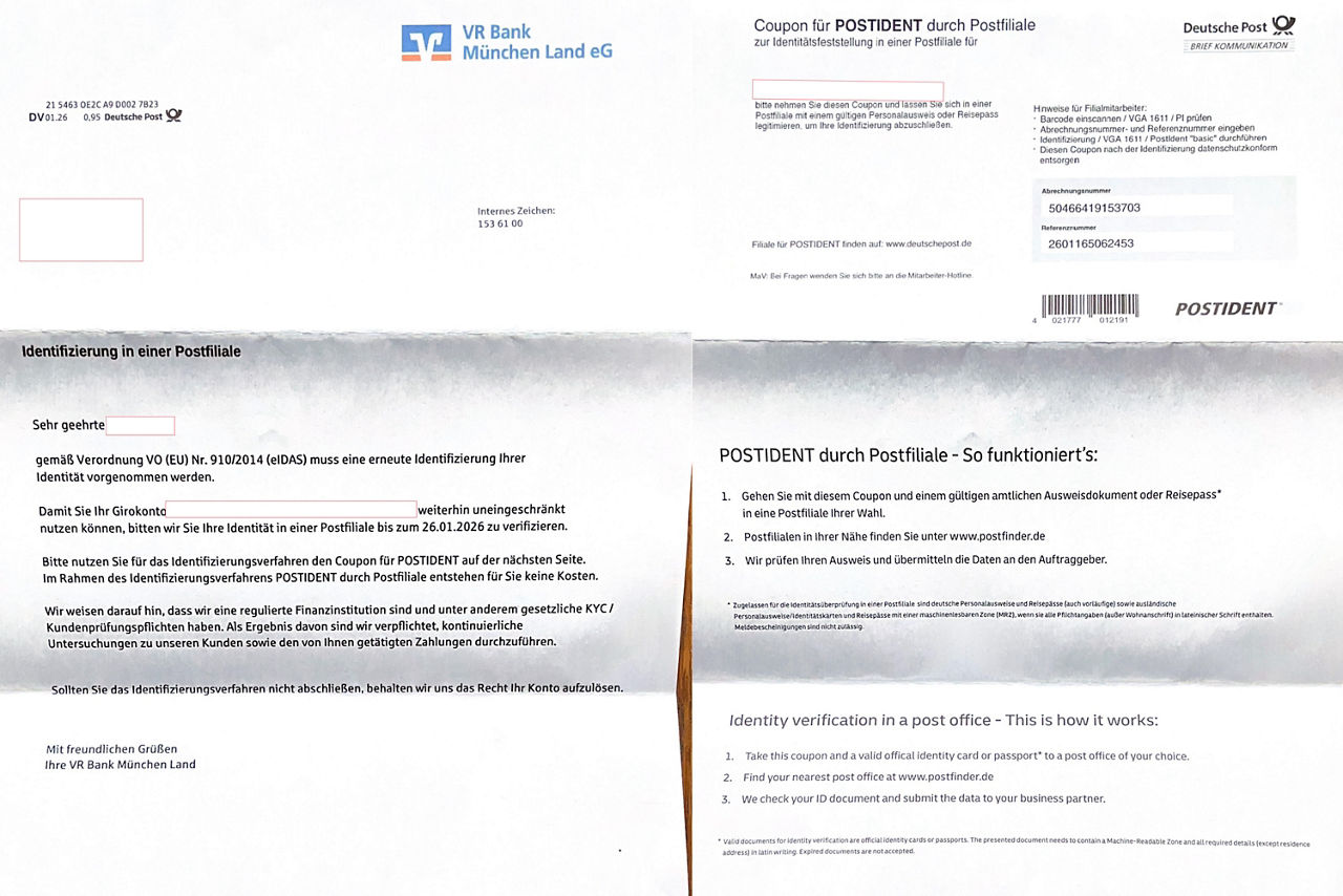 Gefälschter VR Bank München Land eG Brief mit POSTIDENT-Coupon