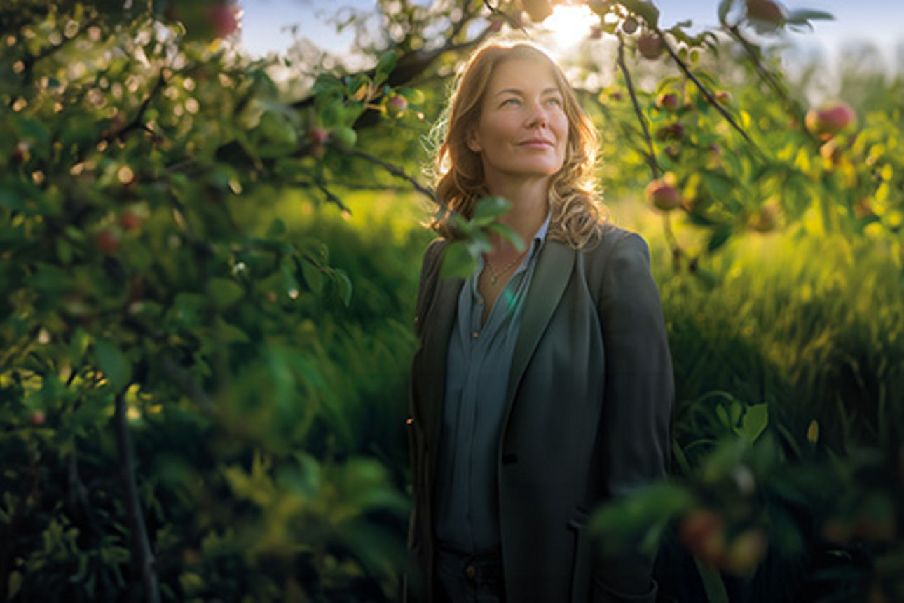 Eine Frau steht in der Natur und lächelt
