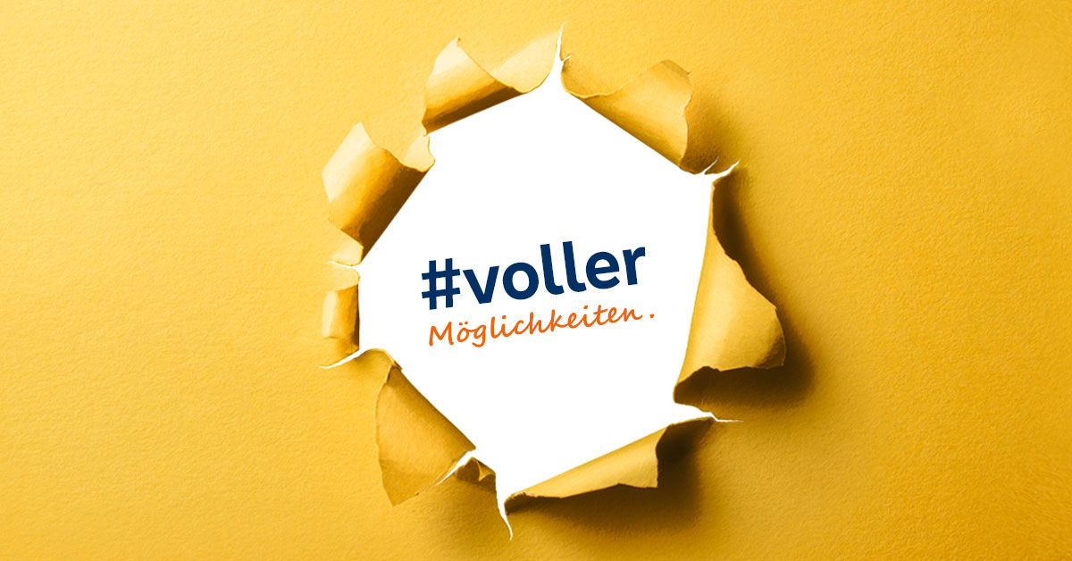 Ein gelbes Blatt mit einem Aufriss in der Mitte in dem steht "#vollerMöglichkeiten".