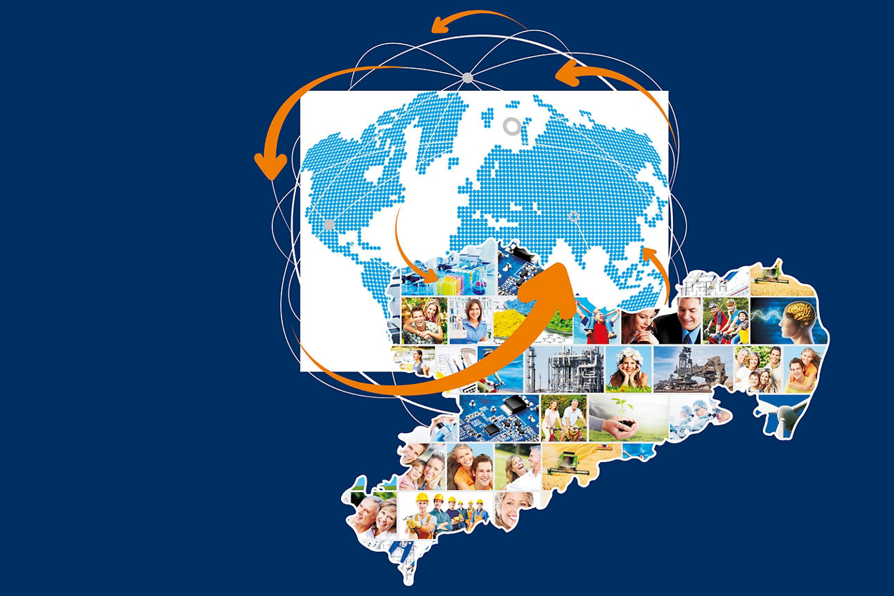 Grafik auf dunkelblauem Hintergrund, Sachsen in globaler Verbindung