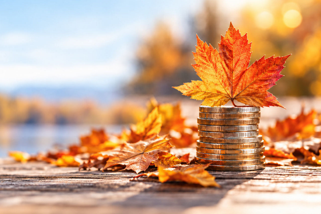 Herbstliche Szene mit Münzen und einem roten Ahornblatt – ein stimmungsvolles Motiv für Sparen, Vorsorge und Vermögensaufbau.