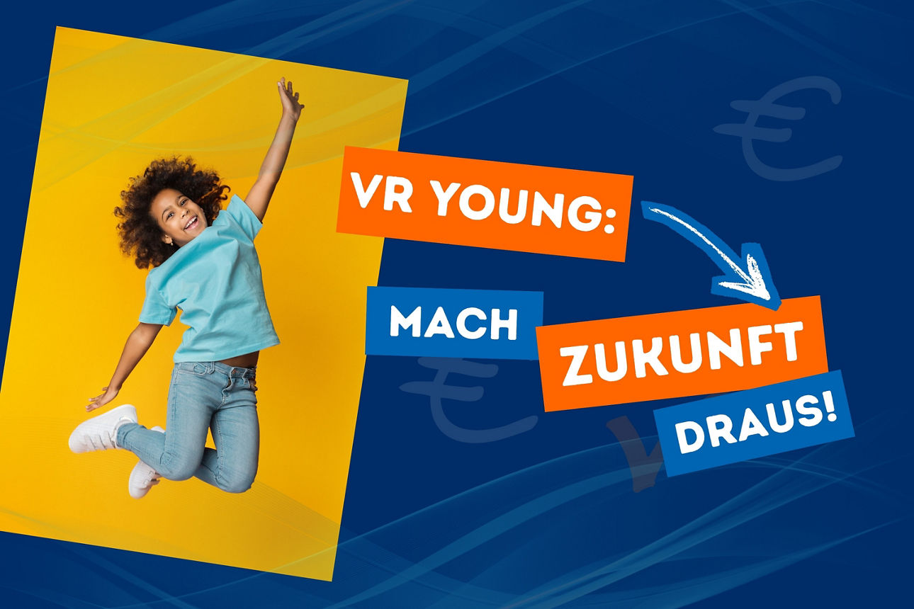 Mädchen spring in die Luft. Text: VR Young Mach Zukunft draus