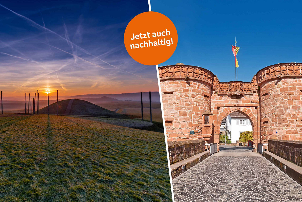 Auf dem Bild sind 2 Landschaftsaufnahmen aus der Region zu sehen und der Hinweis "Jetzt auch nachhaltig"