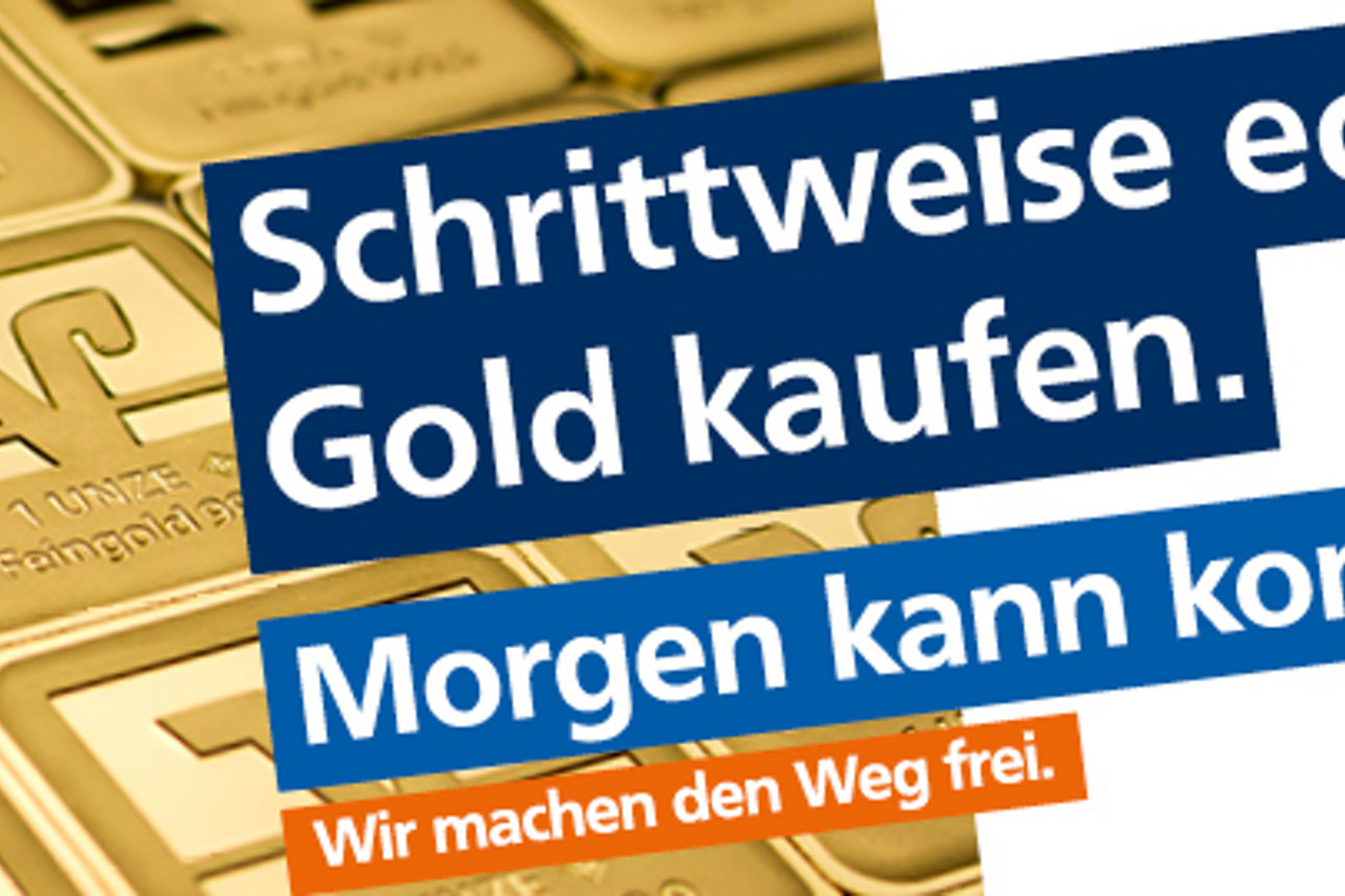 Viele Goldbarren mit dem VR-Logo darauf