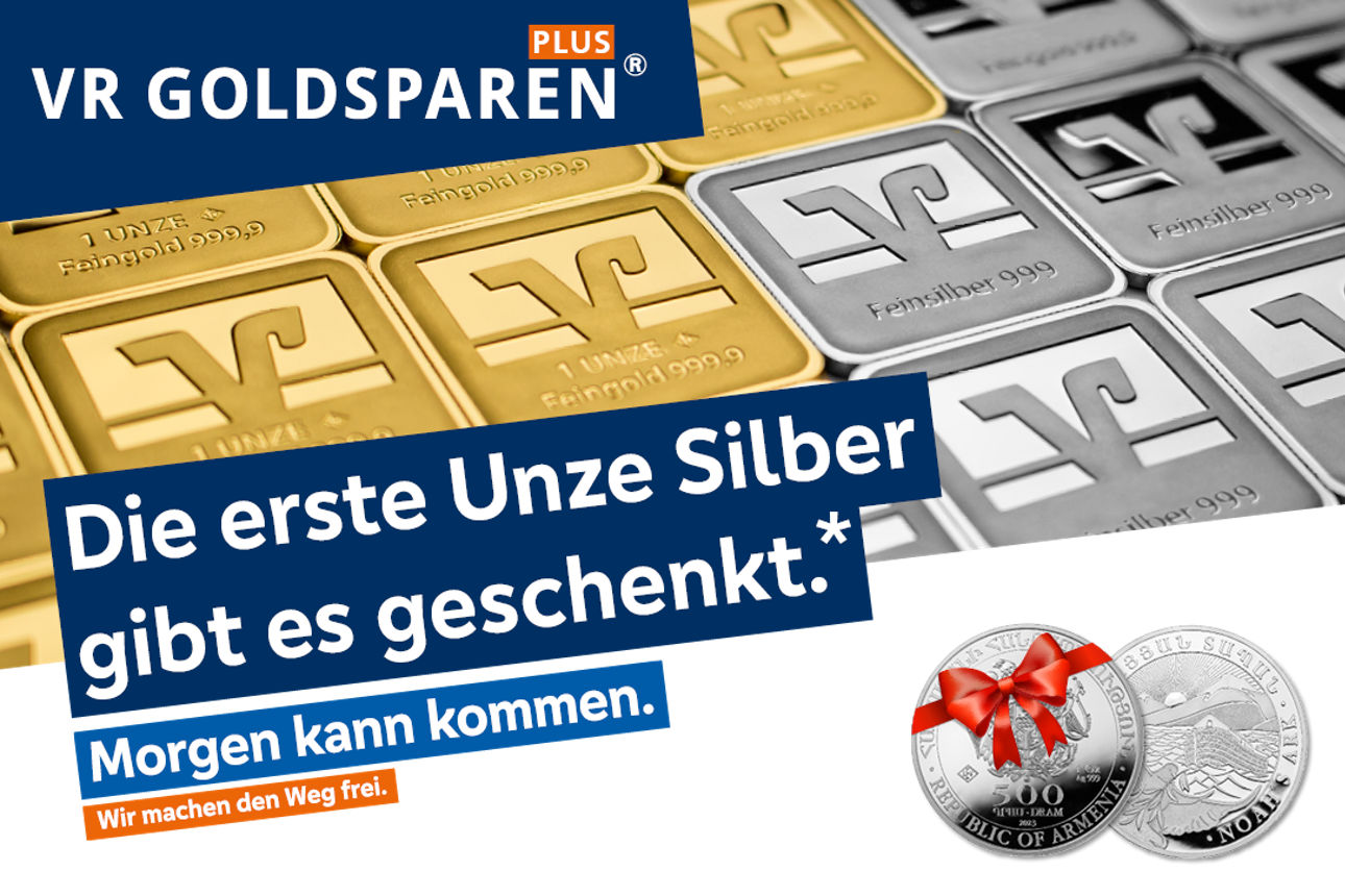 Gold- und Silberbarren sowie Vorder- und Rückseite 1 Unze Silber