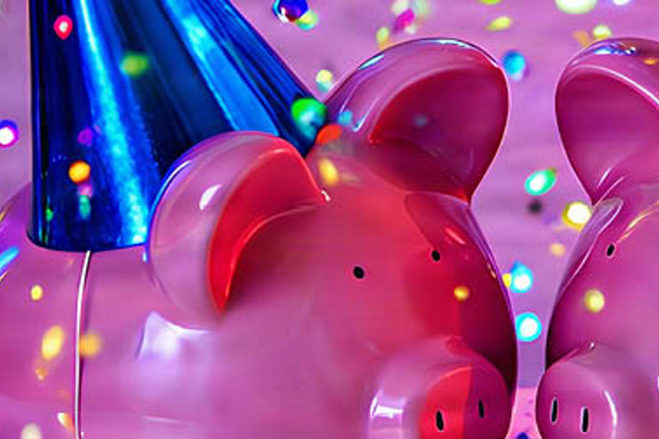Sparschweine mit Partyhut in Konfettiregen