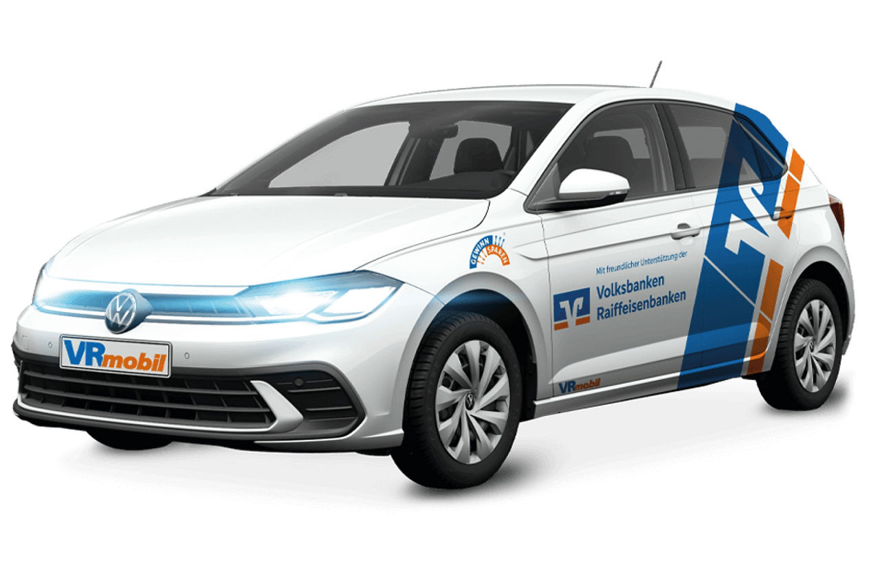 VRmobil - weißer VW Polo mit Beklebung VRmobil - Fahrzeug wird z. B. Pflegeeinrichtungen zur Verfügung gestellt