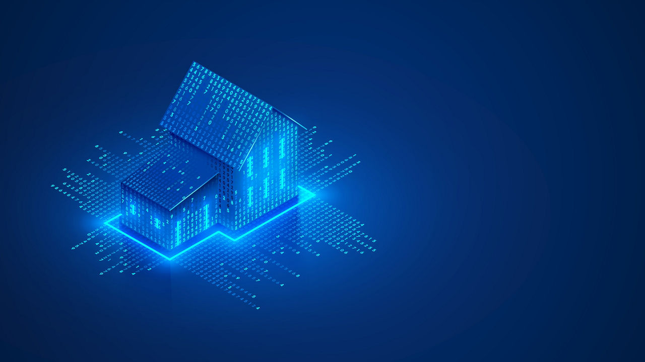 Ein leuchtendes digitales Haus aus Datenpunkten symbolisiert in futuristischem Stil die Digitalisierung in der Immobilien- od