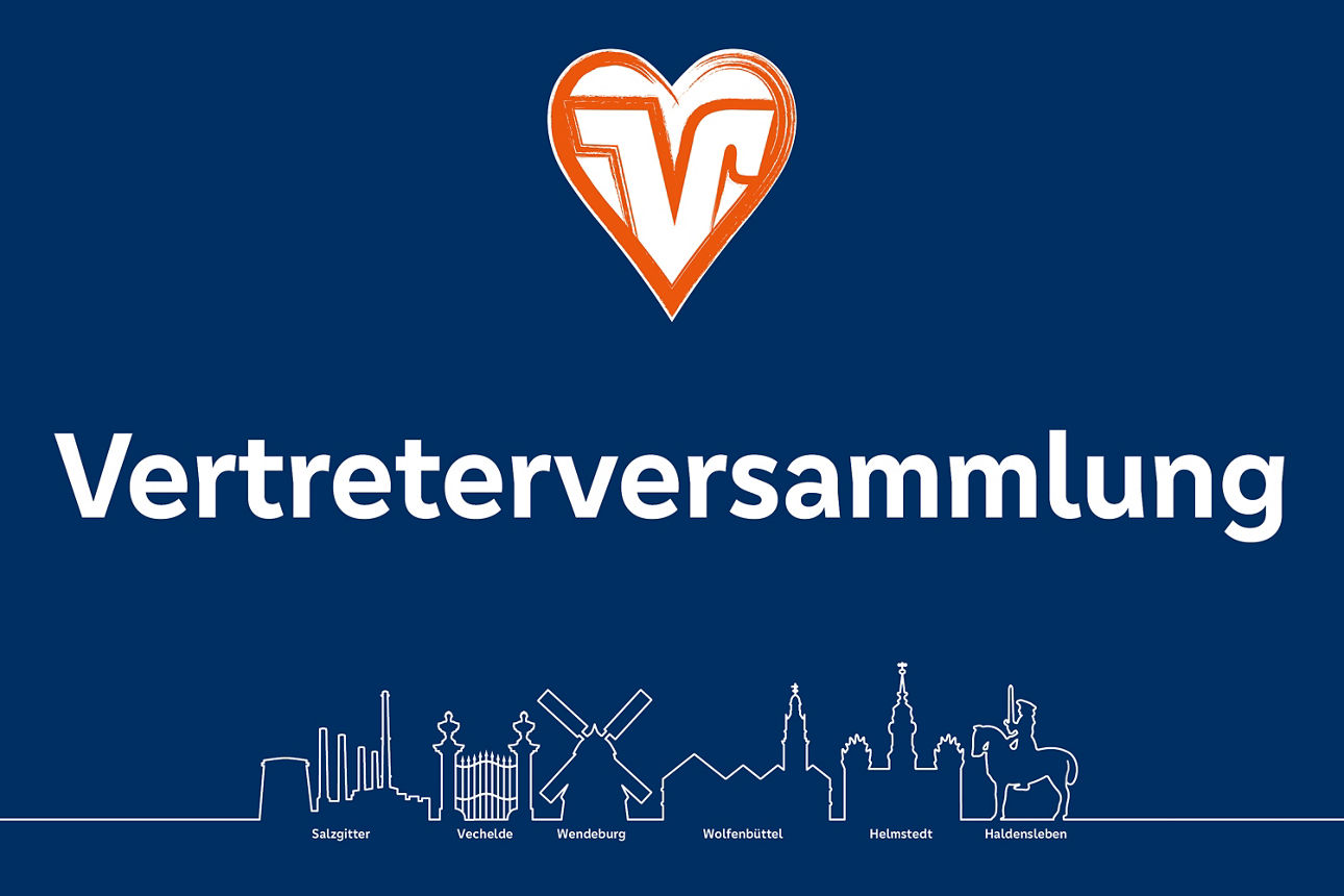 Volksbankenlogo in Herzform und oranger Farbe vor einem dunkelblauen Hintergrund