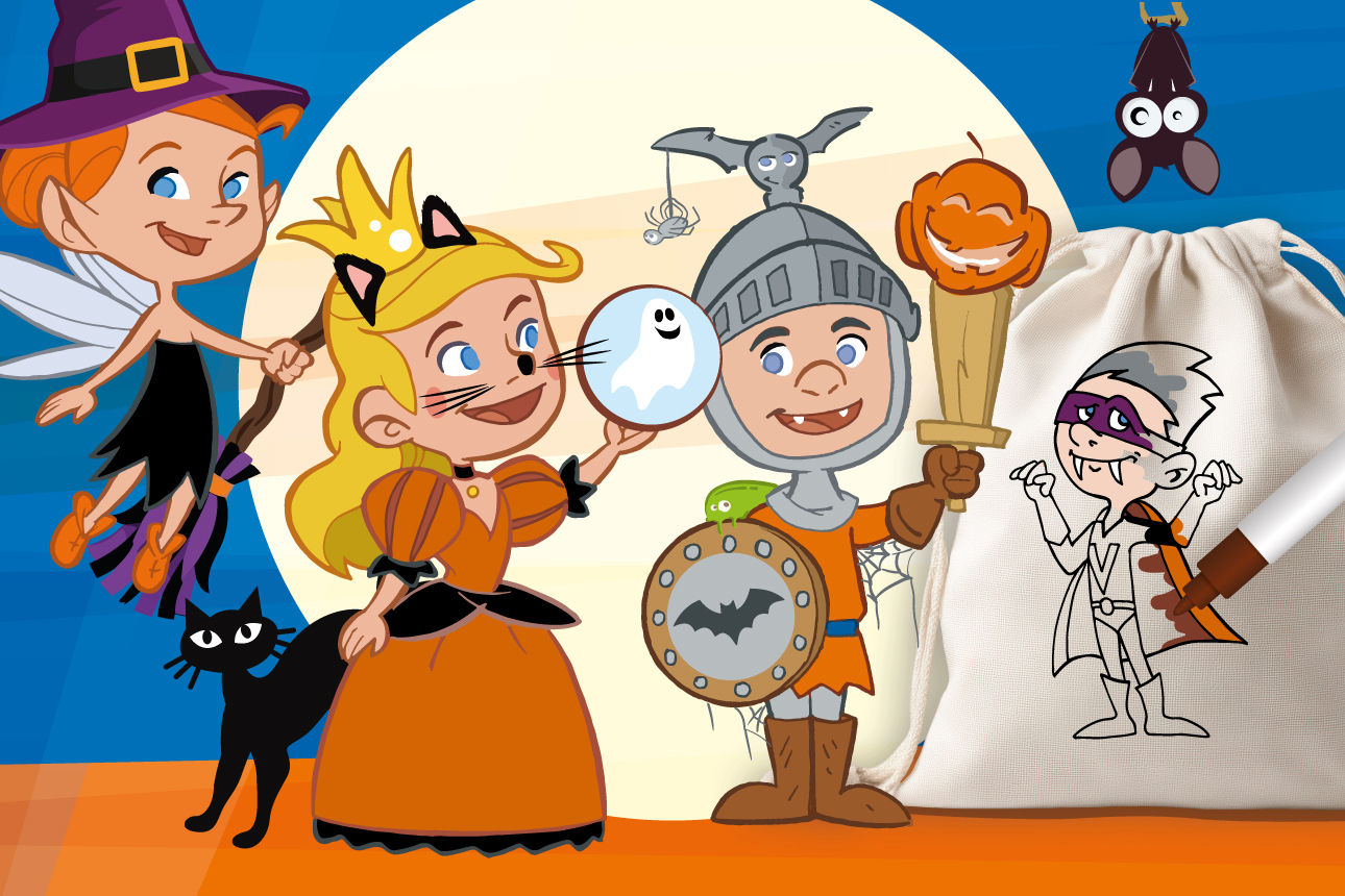zu Halloween verkleidete Comicfiguren als Fee, Katze und Ritter - eine Fledermaus hängt vom oberen Bildrand