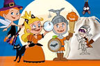 Man sieht zwei Mädchen und einen Jungen in Halloweenkostümen. Sie stehen vor einem Mond. Rechts ist ein Beutel zum bemalen.