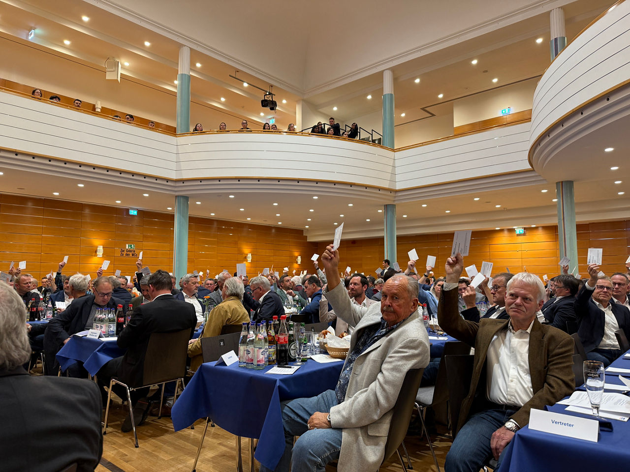 Foto in den Saal - Gäste stimmen mit hochgehaltenen Zetteln ab 