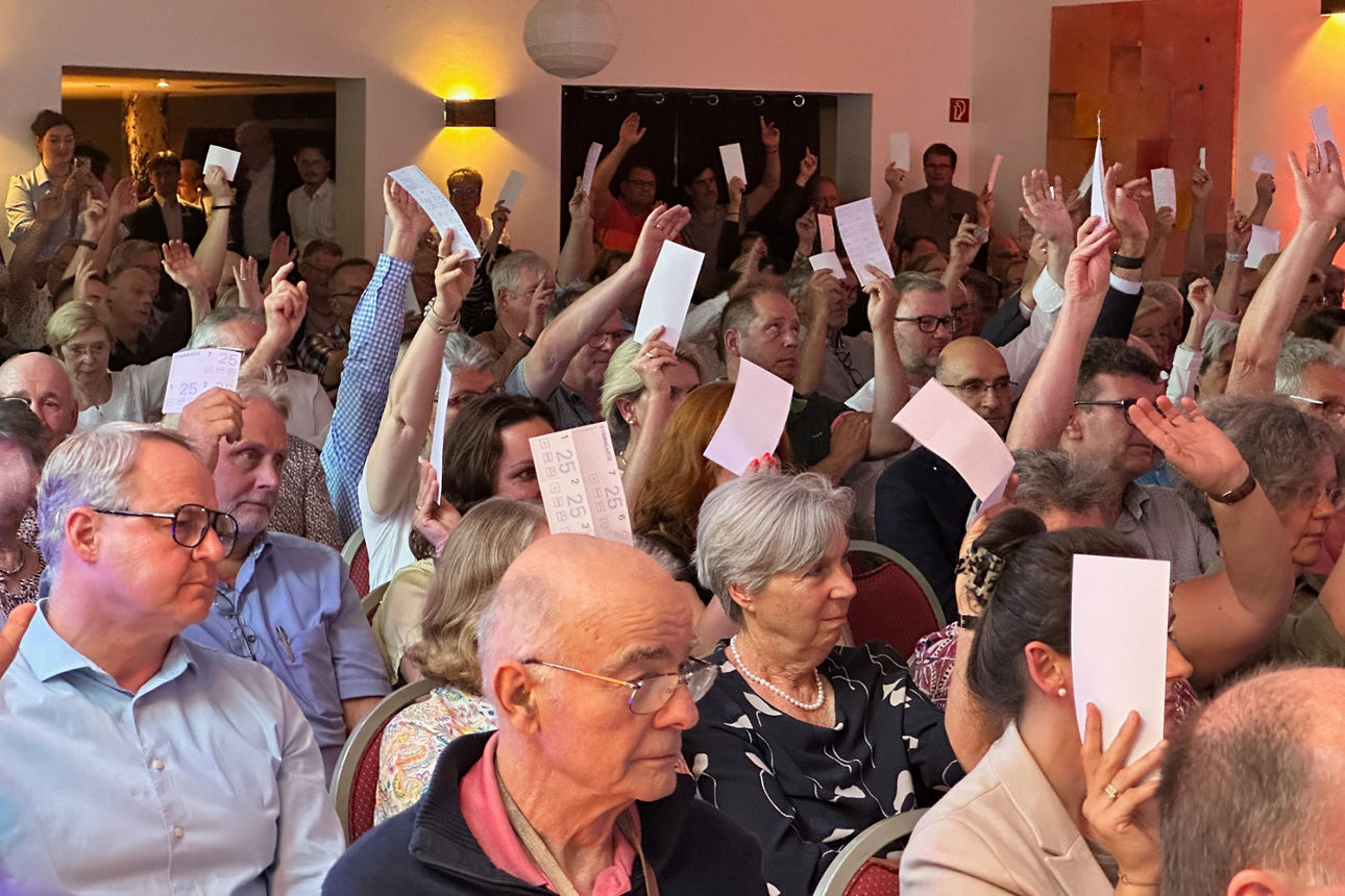 Vertreter stimmen mit Handzeichen ab.