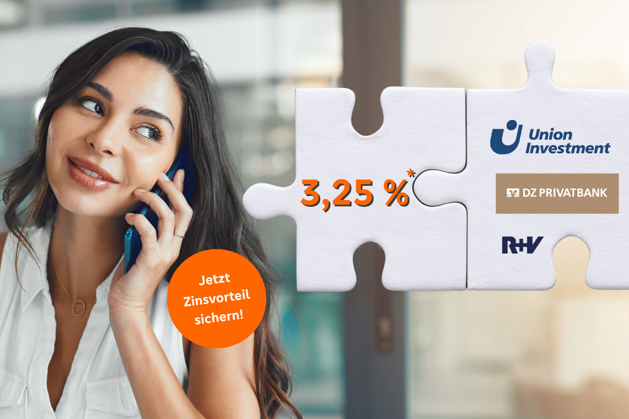 Frau telefoniert, rechts Puzzleteile mit „3,25 %*“ und Logos von Union Investment, DZ PRIVATBANK, R+V.