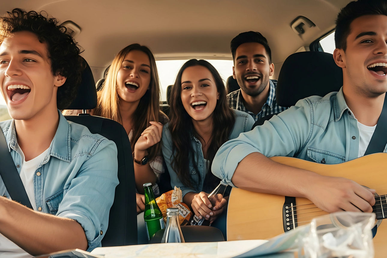 Fünf junge Menschen sitzen im Auto und lachen