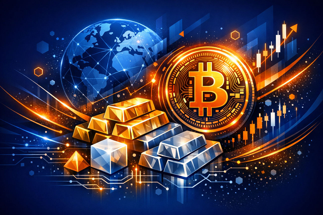 Grafik mit blauer Weltkugel, Bitcoin Symbol und blauen und goldenen Edelmetallbarren im Vordergrund