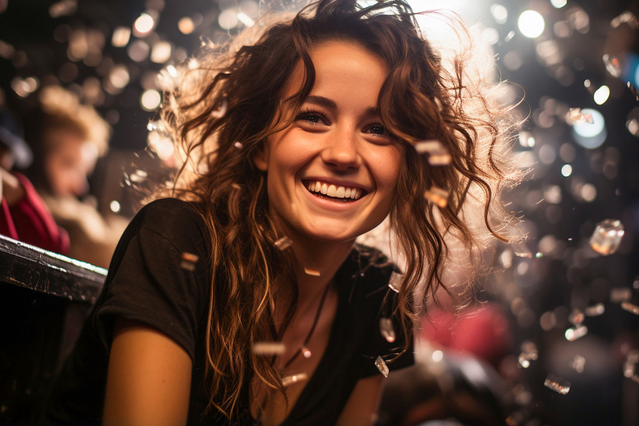 Eine brünette junge Frau Anfang 20 lächelt glücklich in die Kamera. Sie ist auf einem Konzert unterwegs und hat sichtlich Spaß. Im Hintergrund tanzen bunte Lichter und es sind schemenhaft weitere Besucher erkennbar.
