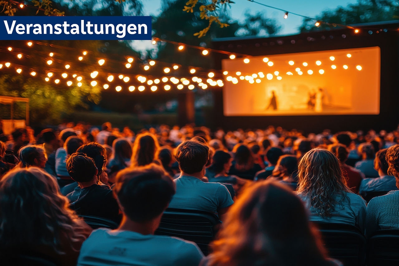 Ein unscharfes Foto von einem tollen Treffen von Menschen  vor einer Leinwand am Abend mit Lichterketten