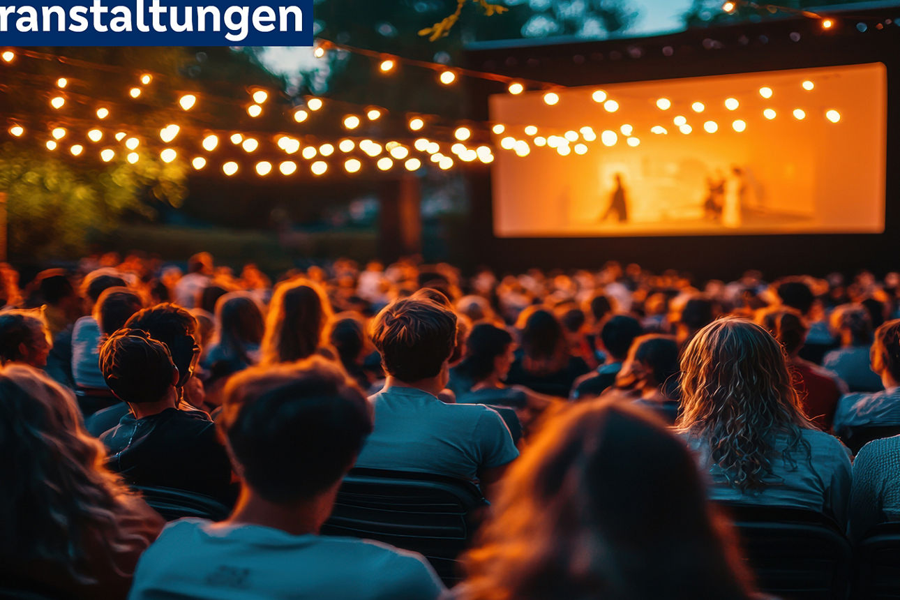 Ein unscharfes Foto von einem tollen Treffen von Menschen  vor einer Leinwand am Abend mit Lichterketten