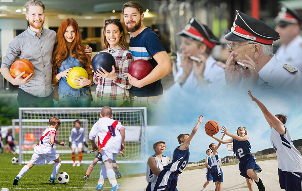 Fußball-, Basketball, Bowling-Mannschaft, Blaskapelle